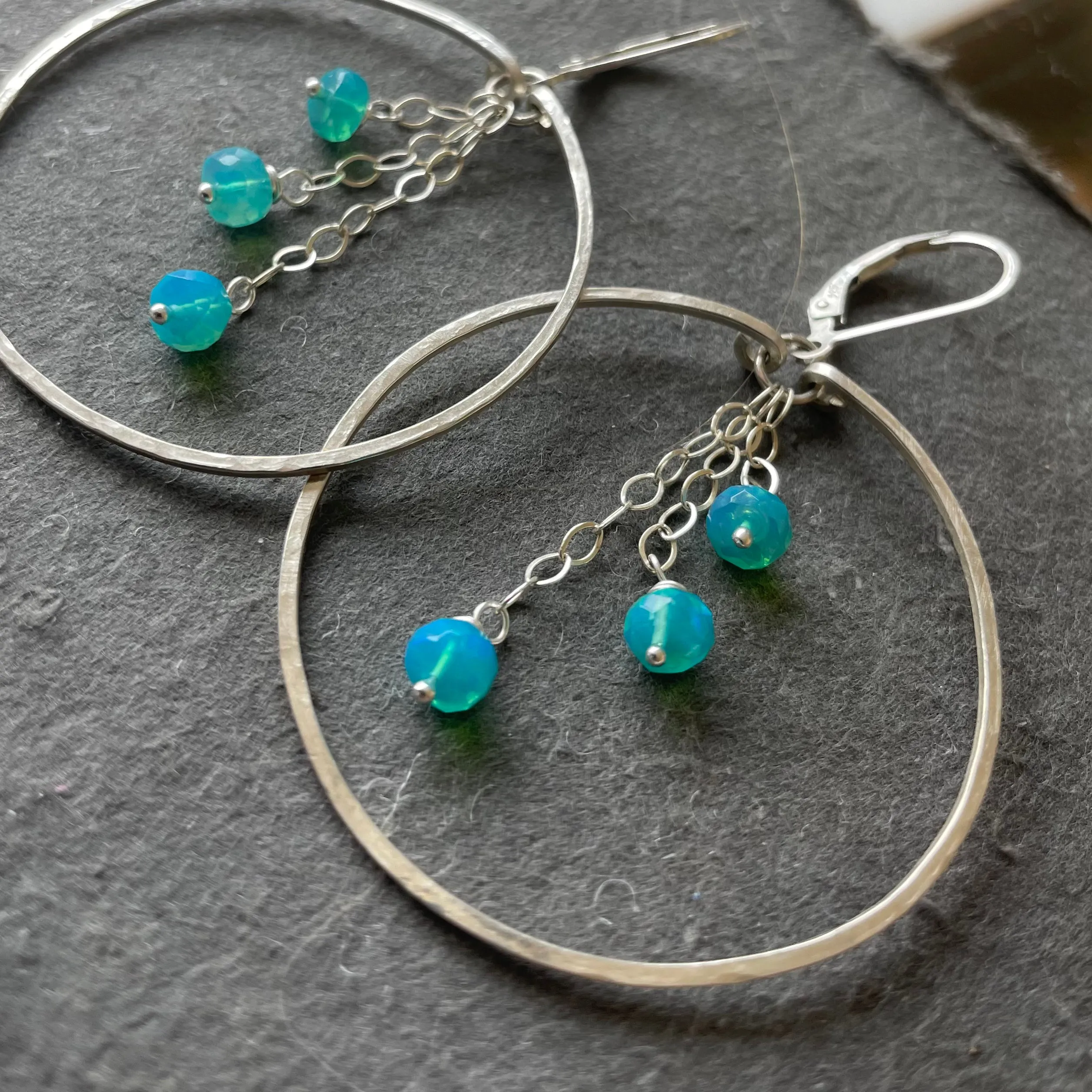 Sterling silver blue opal hoops