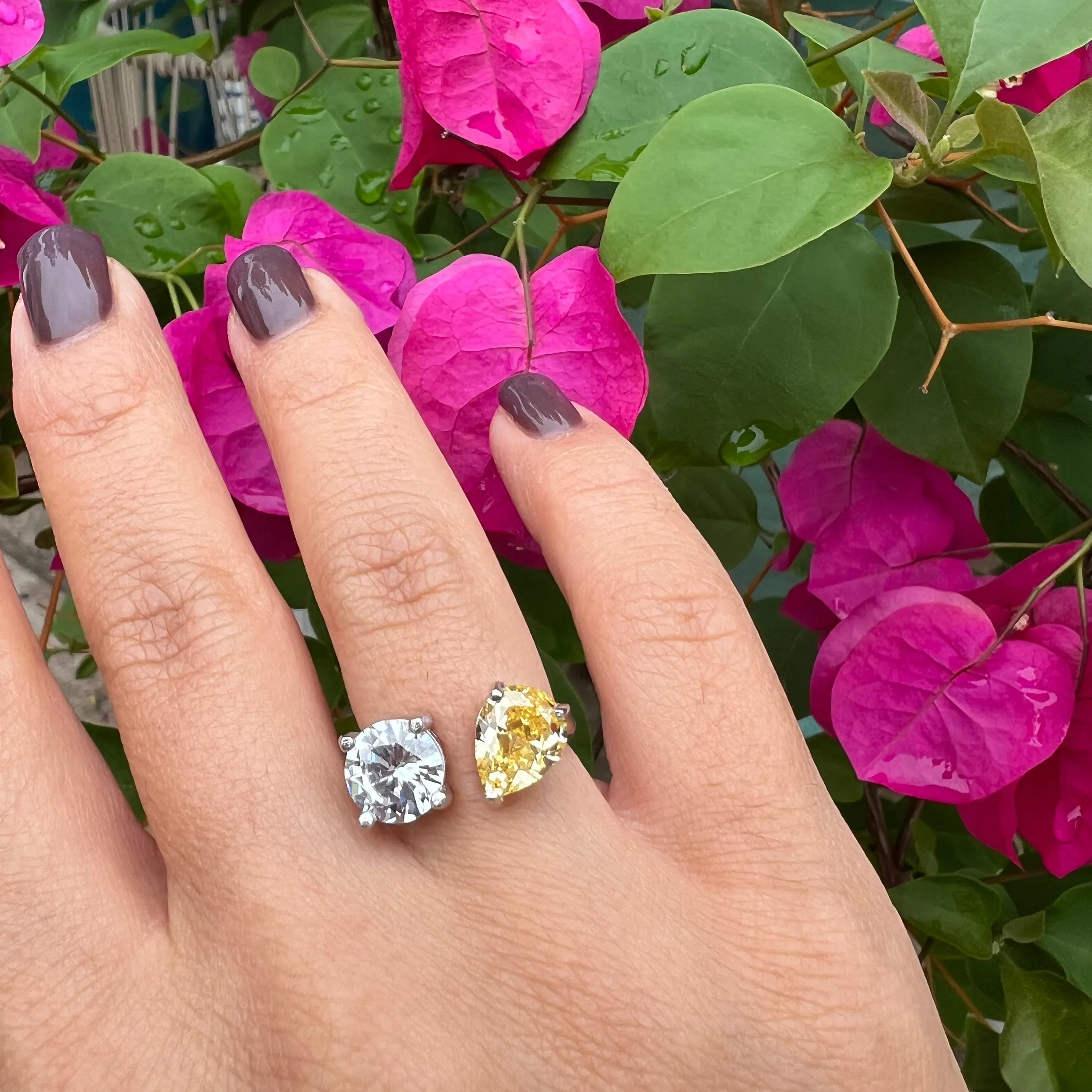 Sterling silver round & pear yellow ring