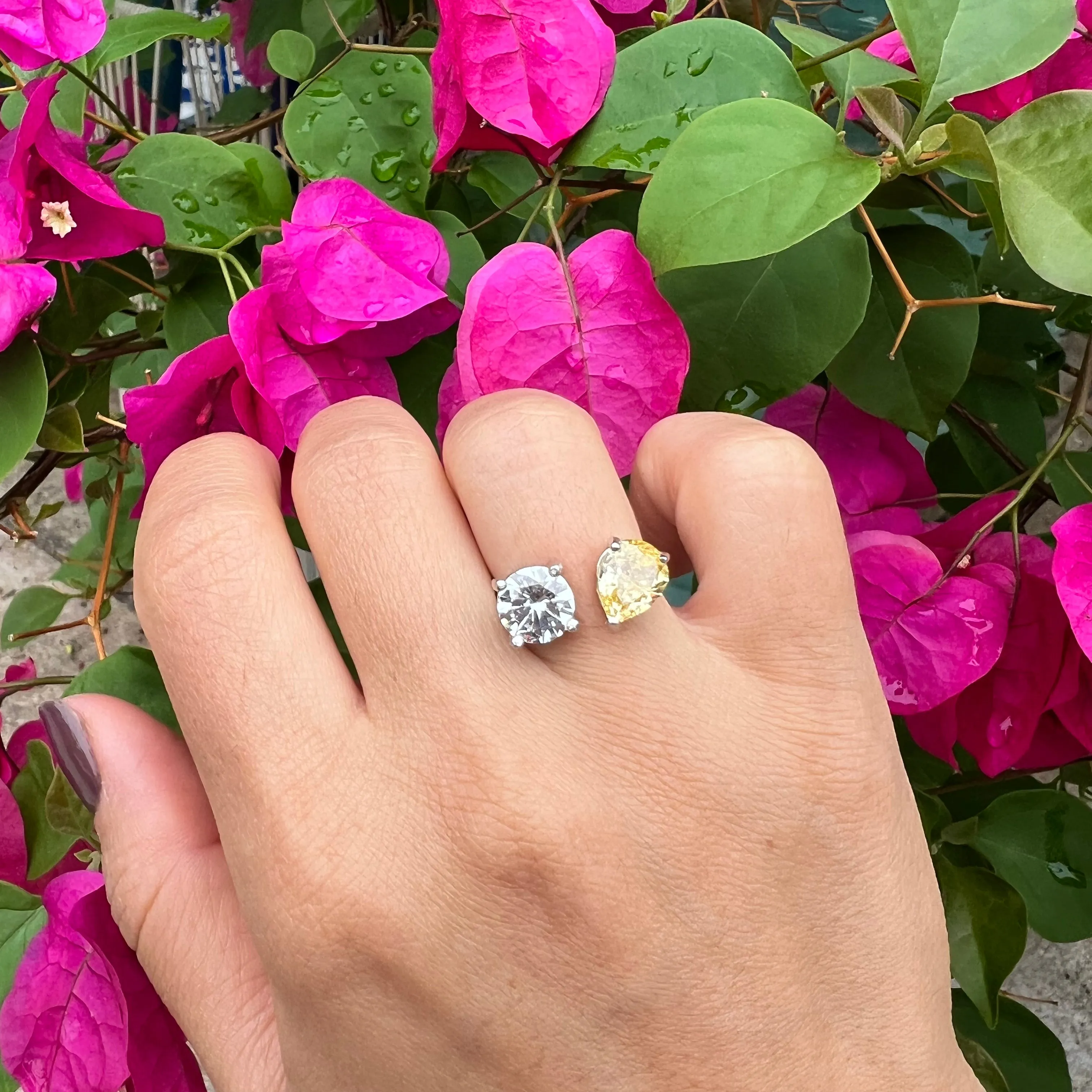 Sterling silver round & pear yellow ring