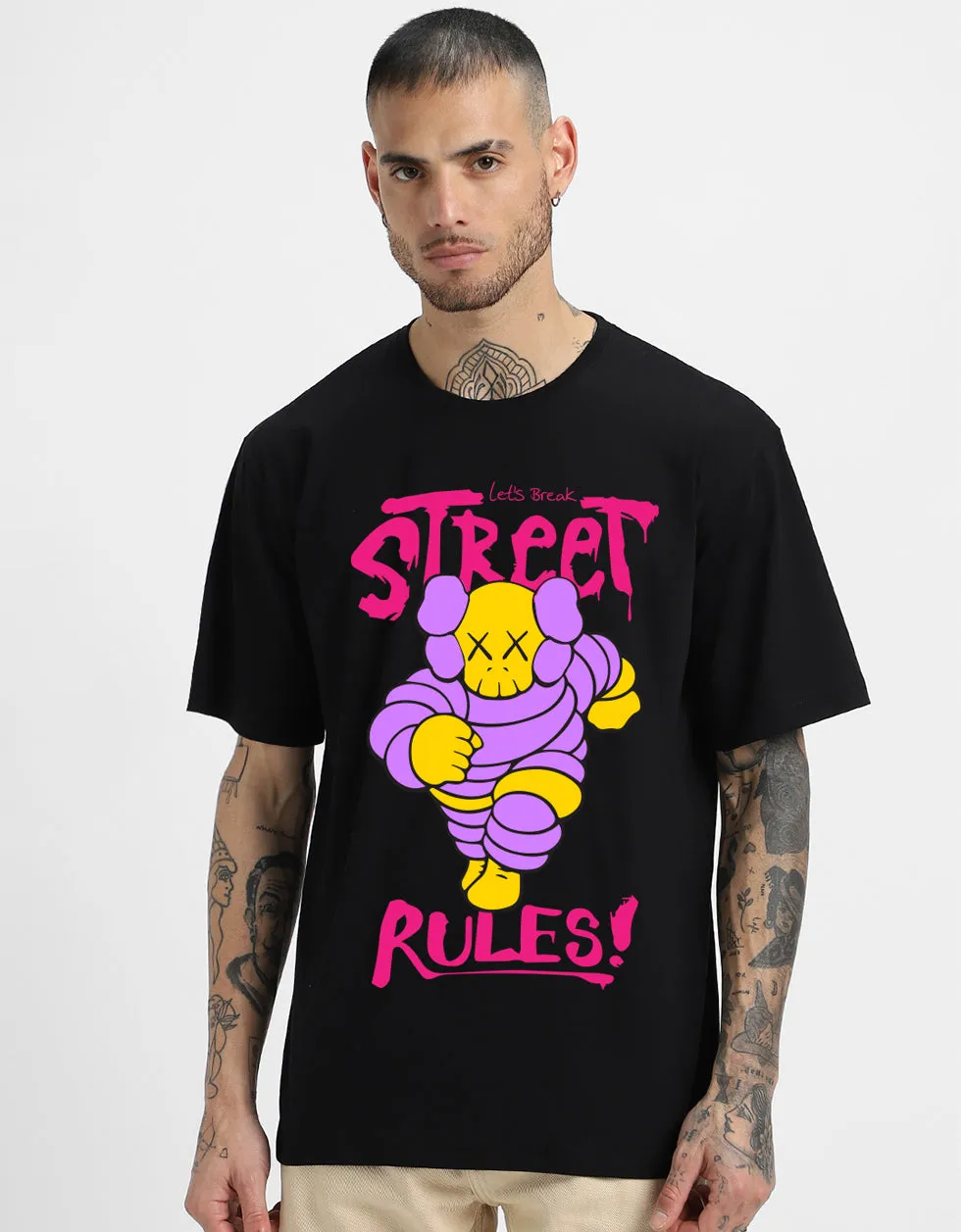 Street Rules Black Oversized Front Graphic Printed Tshirt