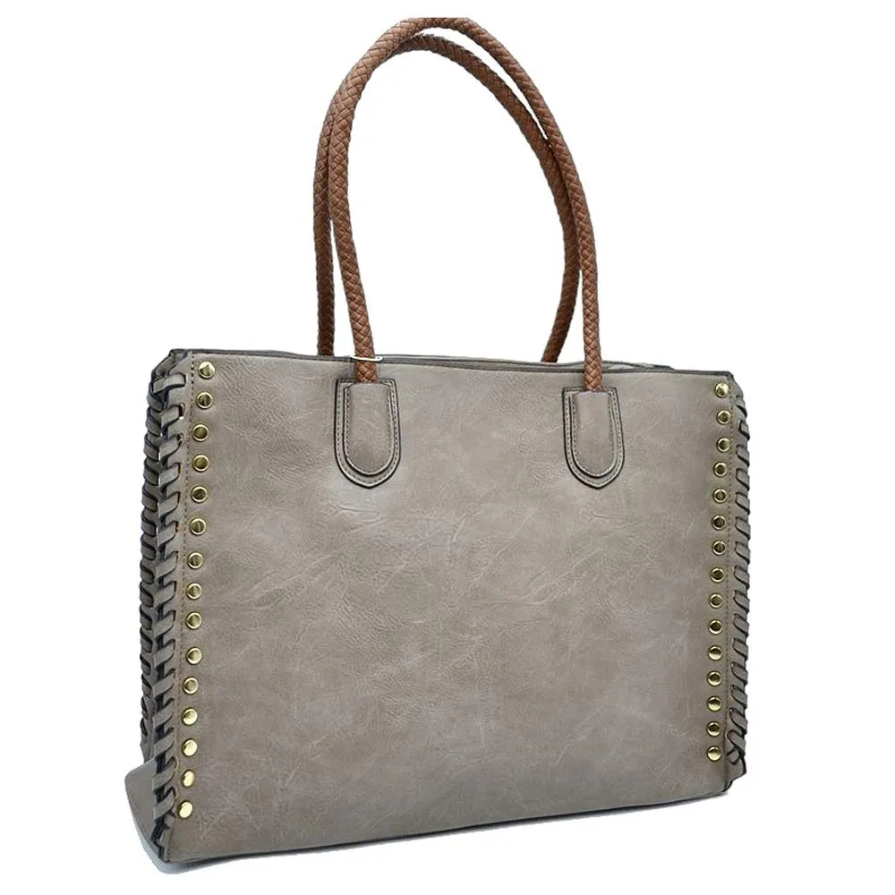 Studded Faux Leather Whipstitch Shoulder Bag Tote Bag