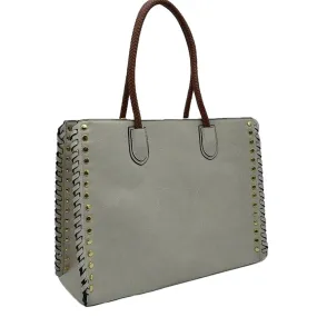 Studded Faux Leather Whipstitch Shoulder Bag Tote Bag