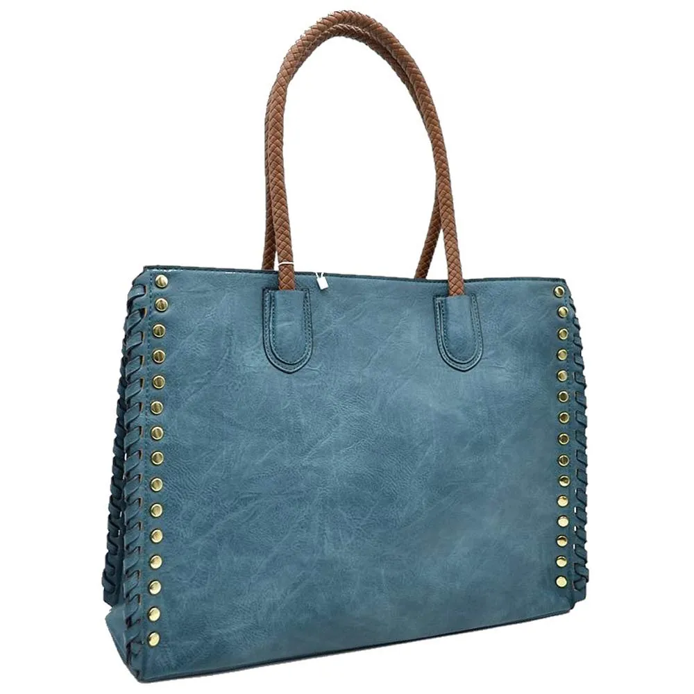 Studded Faux Leather Whipstitch Shoulder Bag Tote Bag