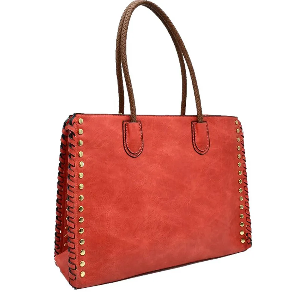 Studded Faux Leather Whipstitch Shoulder Bag Tote Bag