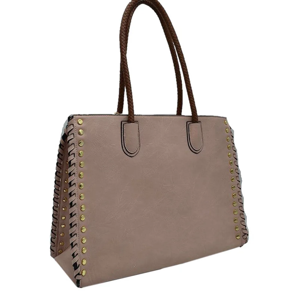 Studded Faux Leather Whipstitch Shoulder Bag Tote Bag