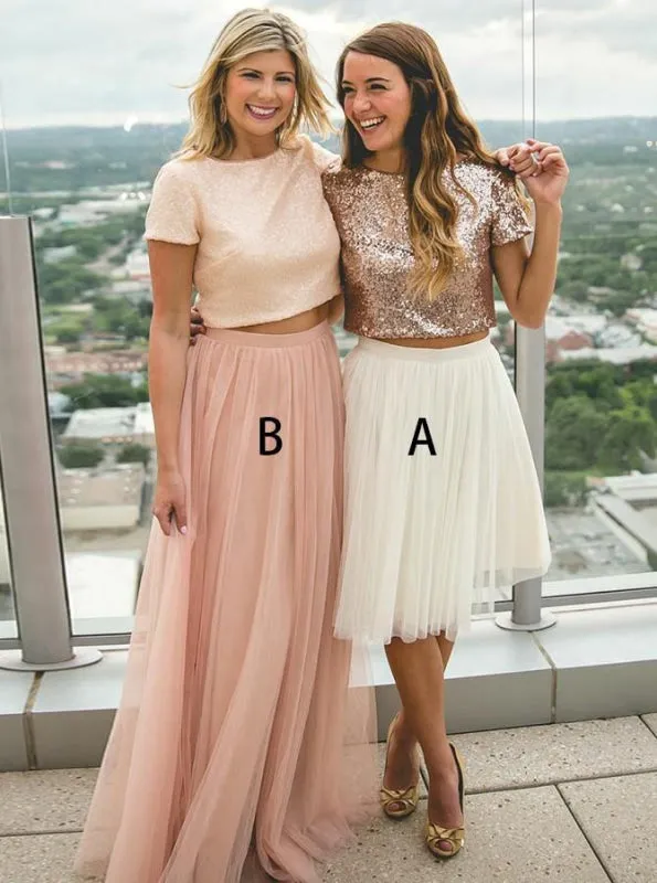 Two Piece Round Neck Rose Gold Tulle Bridesmaid Dress