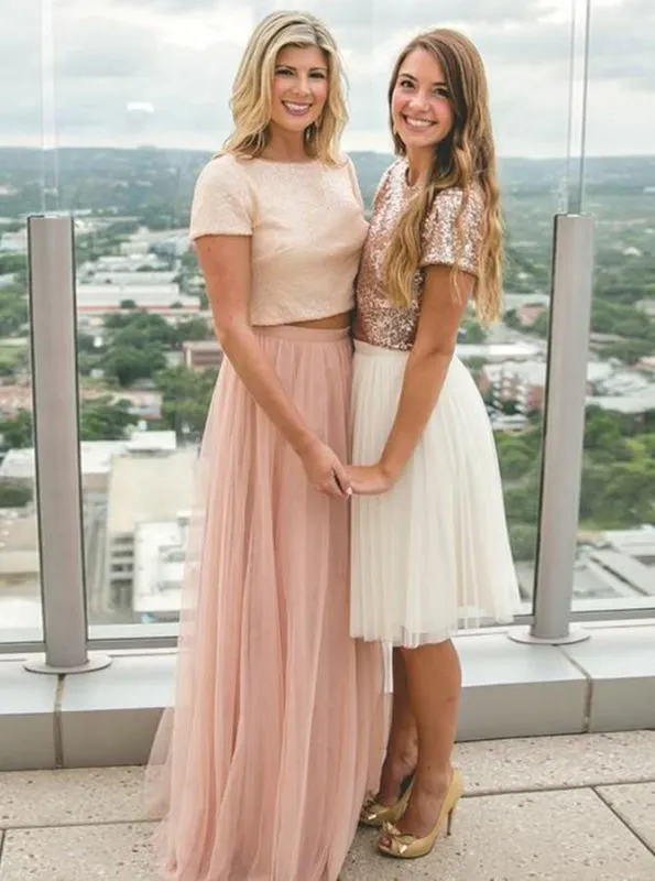 Two Piece Round Neck Rose Gold Tulle Bridesmaid Dress