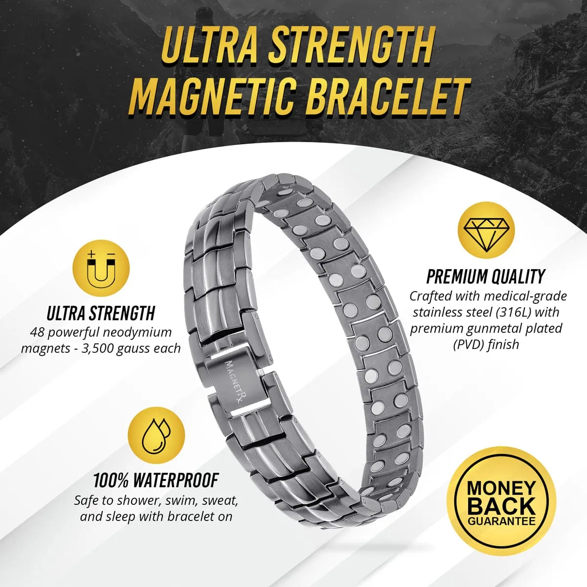 Ultra Strength Magnetic Therapy Bracelet Gunmetal Gray Classic