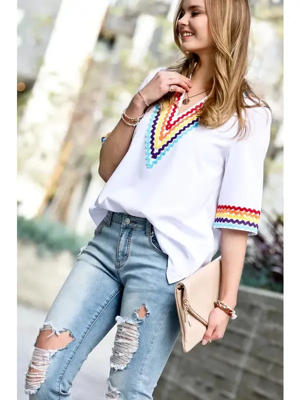 V-Neck Top - White/Multi Colors Stripes