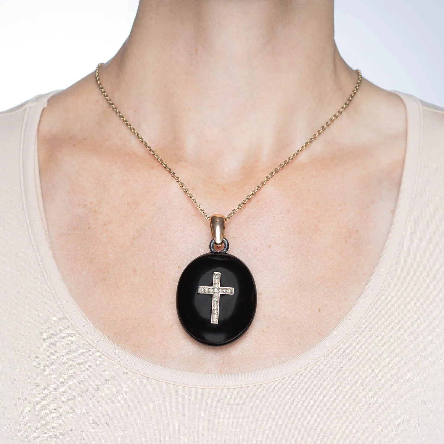 Victorian Large 10kt Onyx   Seed Pearl Cross Locket Pendant