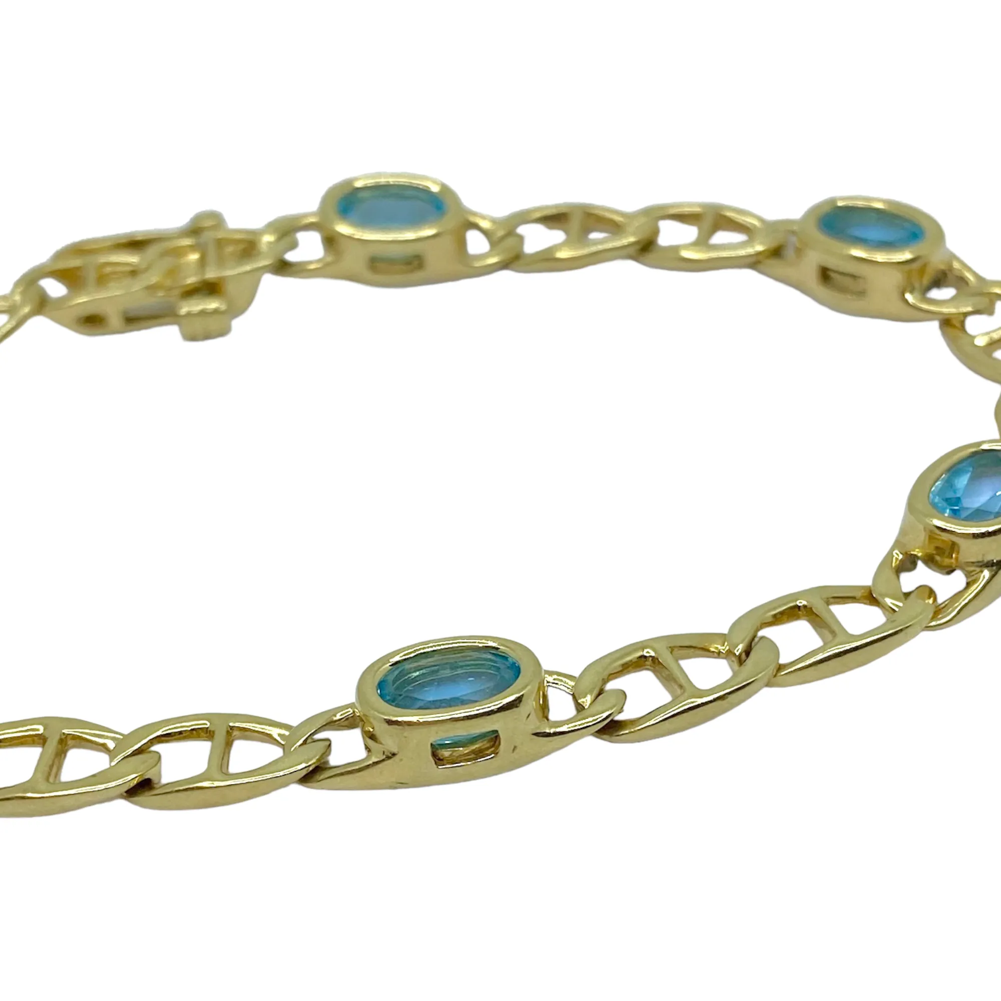 Vintage 14K Yellow Gold Blue Topaz Mariner Links Bracelet