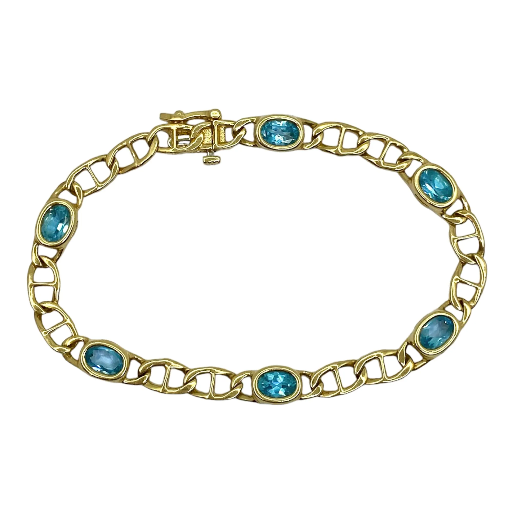 Vintage 14K Yellow Gold Blue Topaz Mariner Links Bracelet