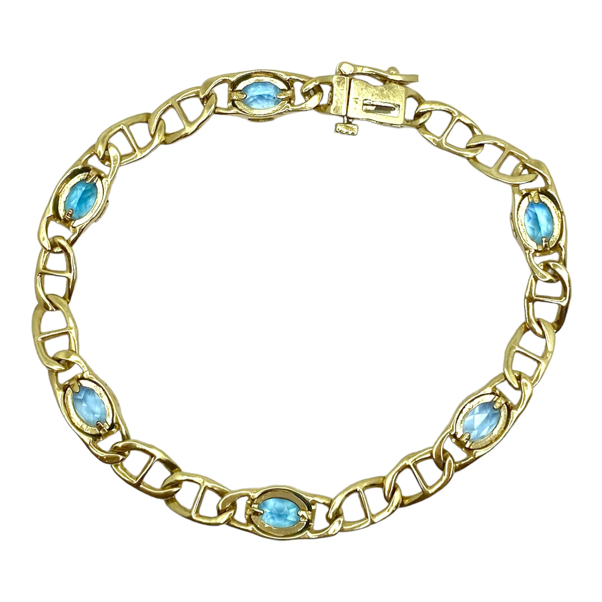 Vintage 14K Yellow Gold Blue Topaz Mariner Links Bracelet