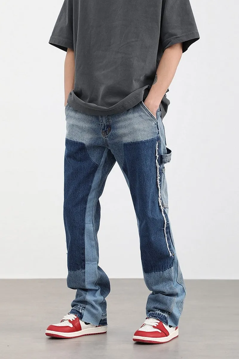 Watch Out Blue Stitched Loose Straight Fit Leg Denim