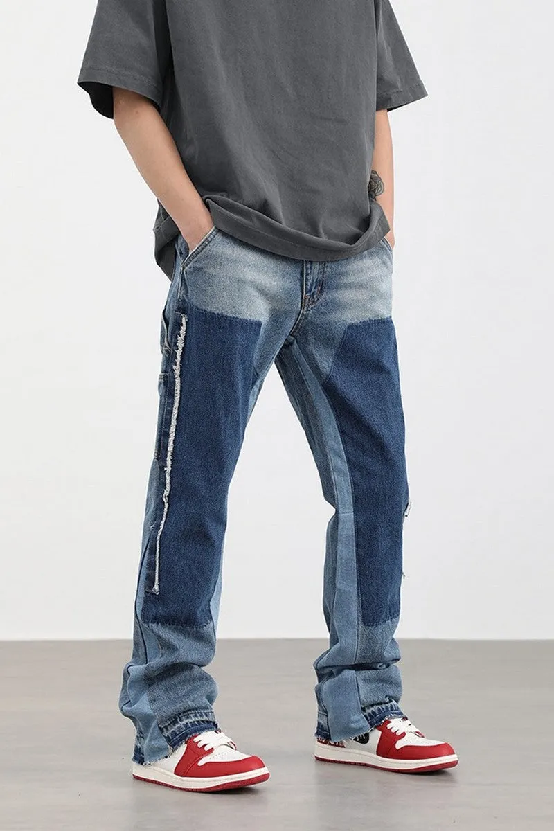 Watch Out Blue Stitched Loose Straight Fit Leg Denim