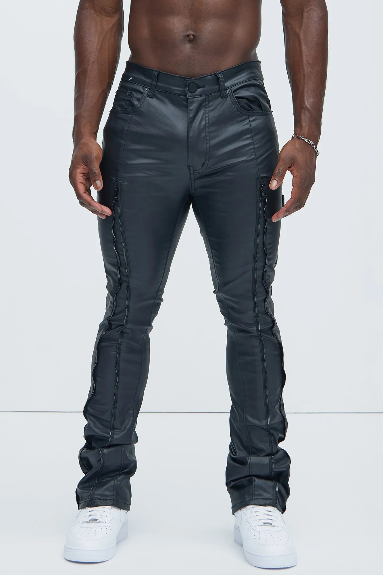 Way Up Zipper Waxed Stacked Skinny Flare Pants - Black