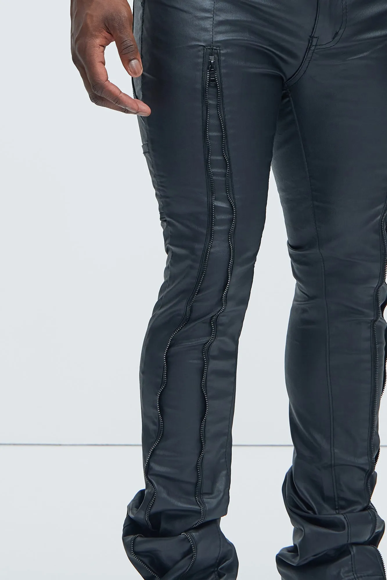 Way Up Zipper Waxed Stacked Skinny Flare Pants - Black